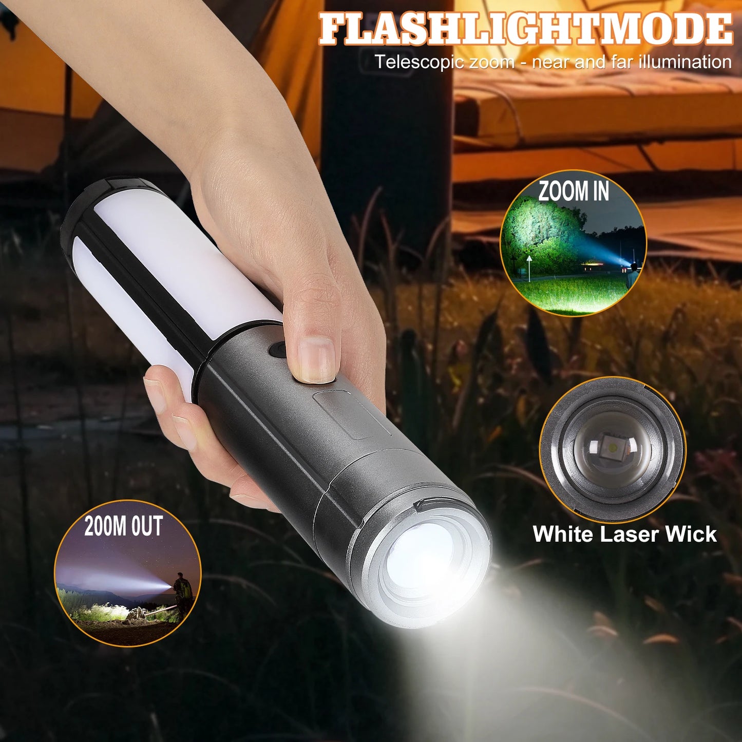 2-in-1 Rechargeable Camping Lantern & Flashlight -Telescopic Adjustable Outdoor Light with Hook, Emergency Work Light for Hiking