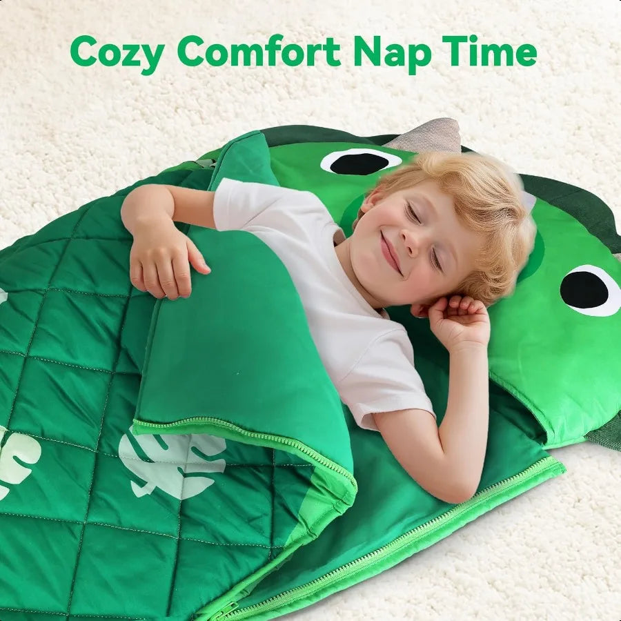 iPlay iLearn Kid Sleeping Bag Dinosaur Slumber Sack Toddler Boy Nap Mat 2 In 1 Green Dino Cushion Blanket Happy Travel Sleepove