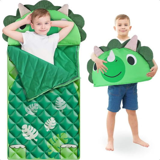 iPlay iLearn Kid Sleeping Bag Dinosaur Slumber Sack Toddler Boy Nap Mat 2 In 1 Green Dino Cushion Blanket Happy Travel Sleepove