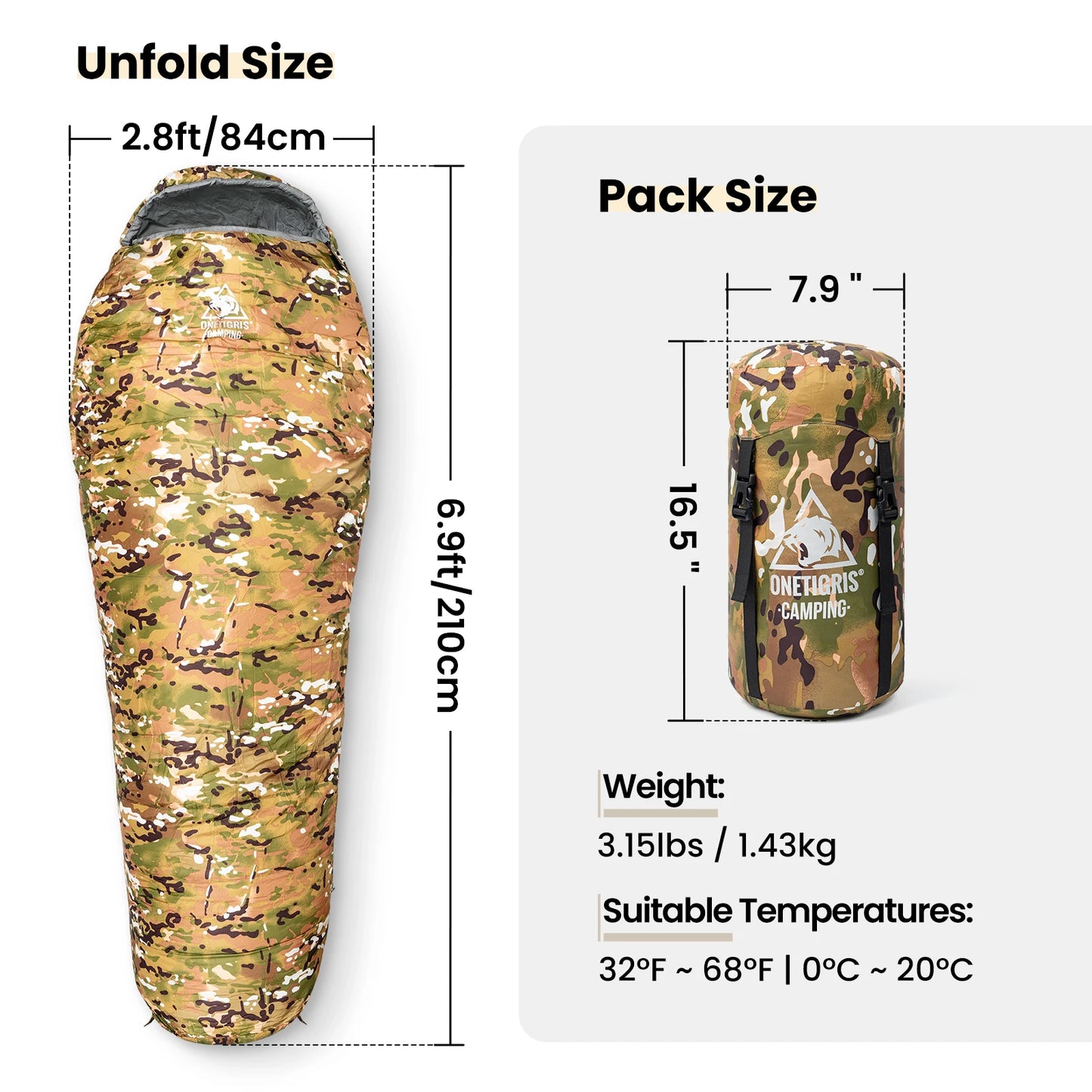 OneTigris Military Camo Mummy Sleeping Bag 0~15C Portable Ultralight Single Sleep Bag For Adult Jungle Survival Camping Hiking