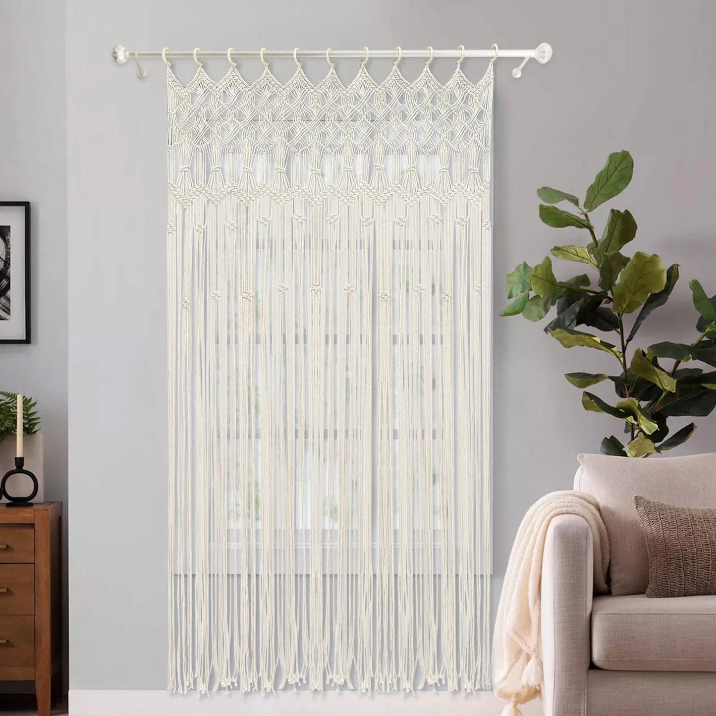 White Macrame Wall Hangings, Boho Style Handmade Tapestry Curtains