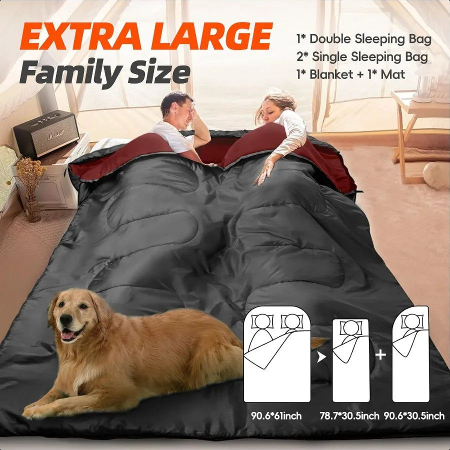 Double Sleeping Bag 2 Person Sleeping Bag for Adult Mens Camping Two Person Sleeping Bag with Pillow Outdoor Indoor XL Queen Si