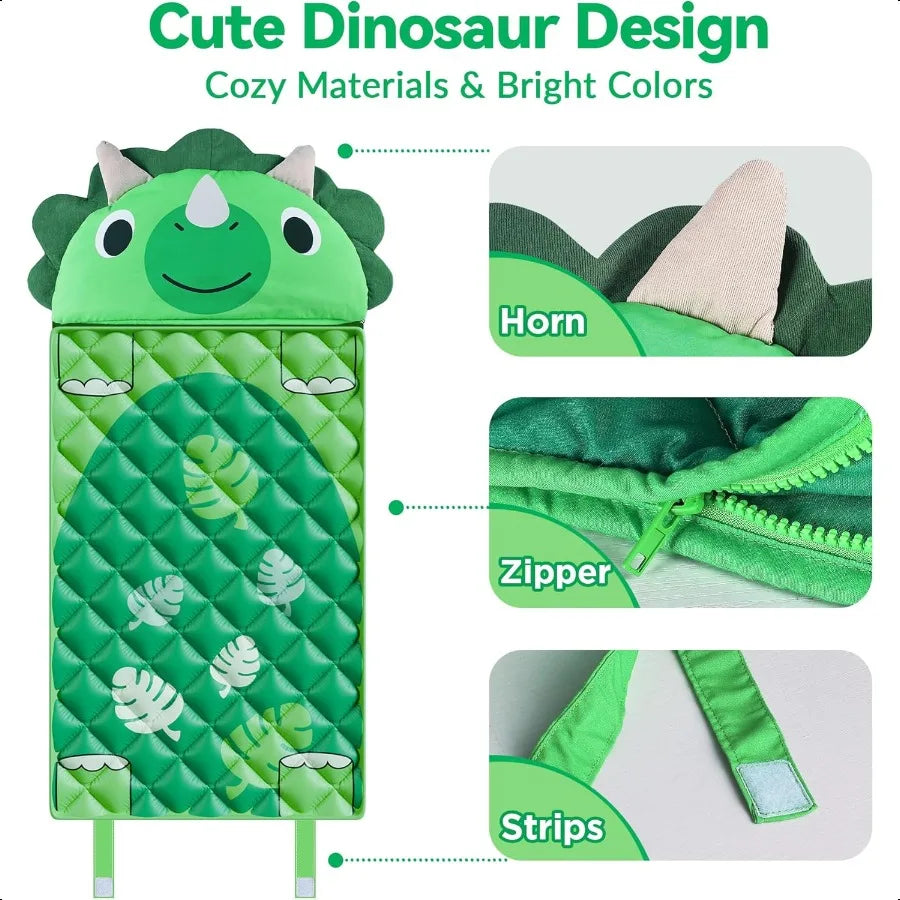 iPlay iLearn Kid Sleeping Bag Dinosaur Slumber Sack Toddler Boy Nap Mat 2 In 1 Green Dino Cushion Blanket Happy Travel Sleepove