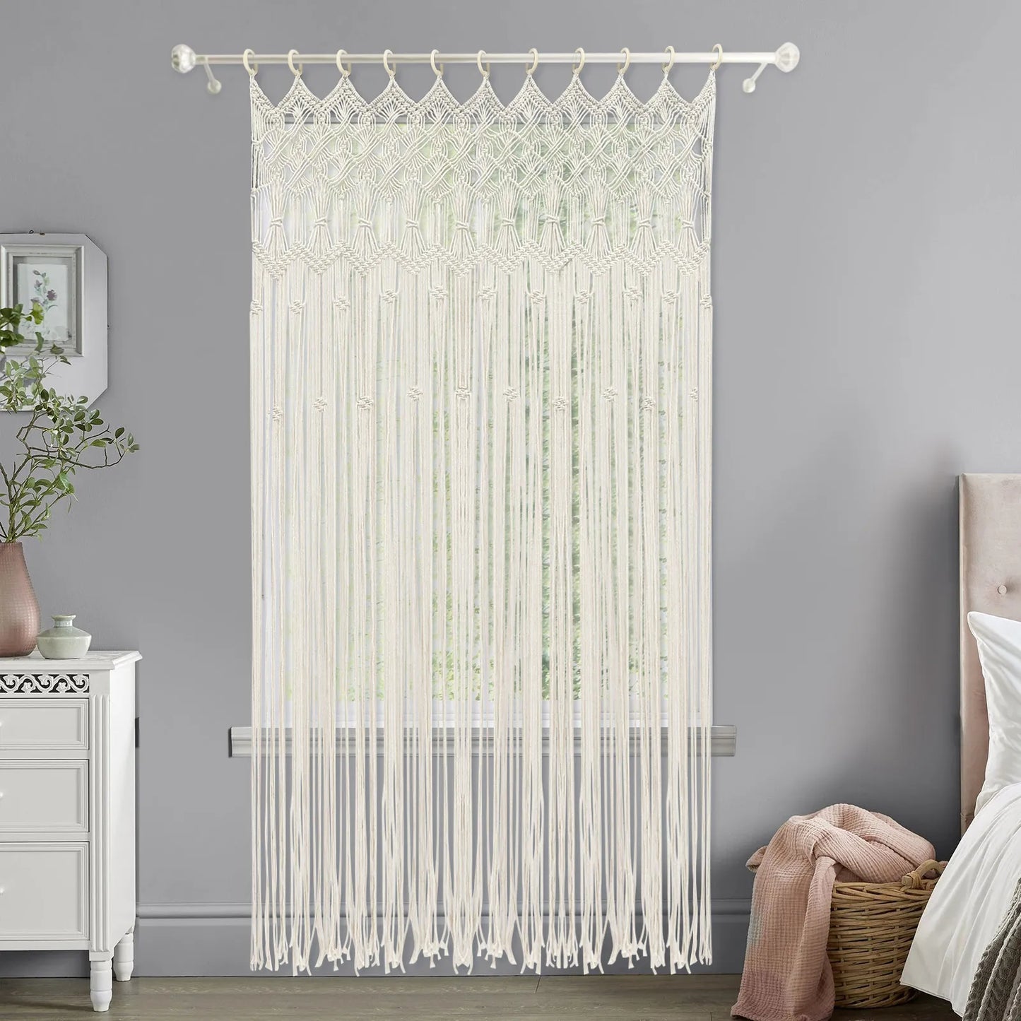 White Macrame Wall Hangings, Boho Style Handmade Tapestry Curtains