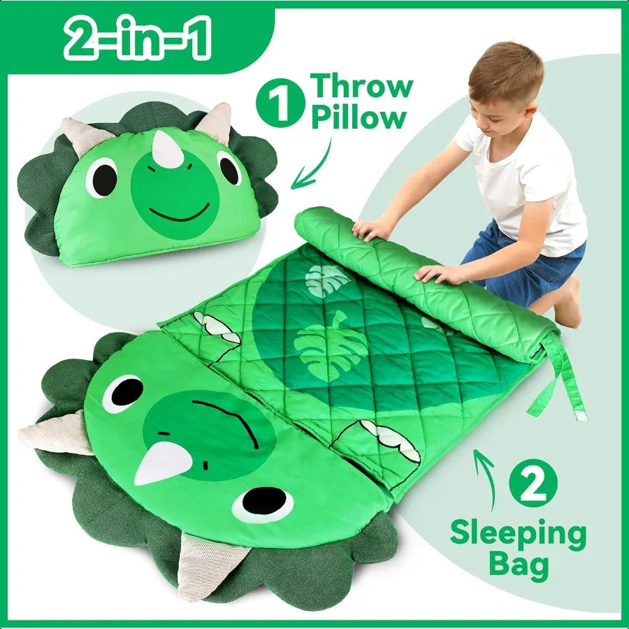 iPlay iLearn Kid Sleeping Bag Dinosaur Slumber Sack Toddler Boy Nap Mat 2 In 1 Green Dino Cushion Blanket Happy Travel Sleepove